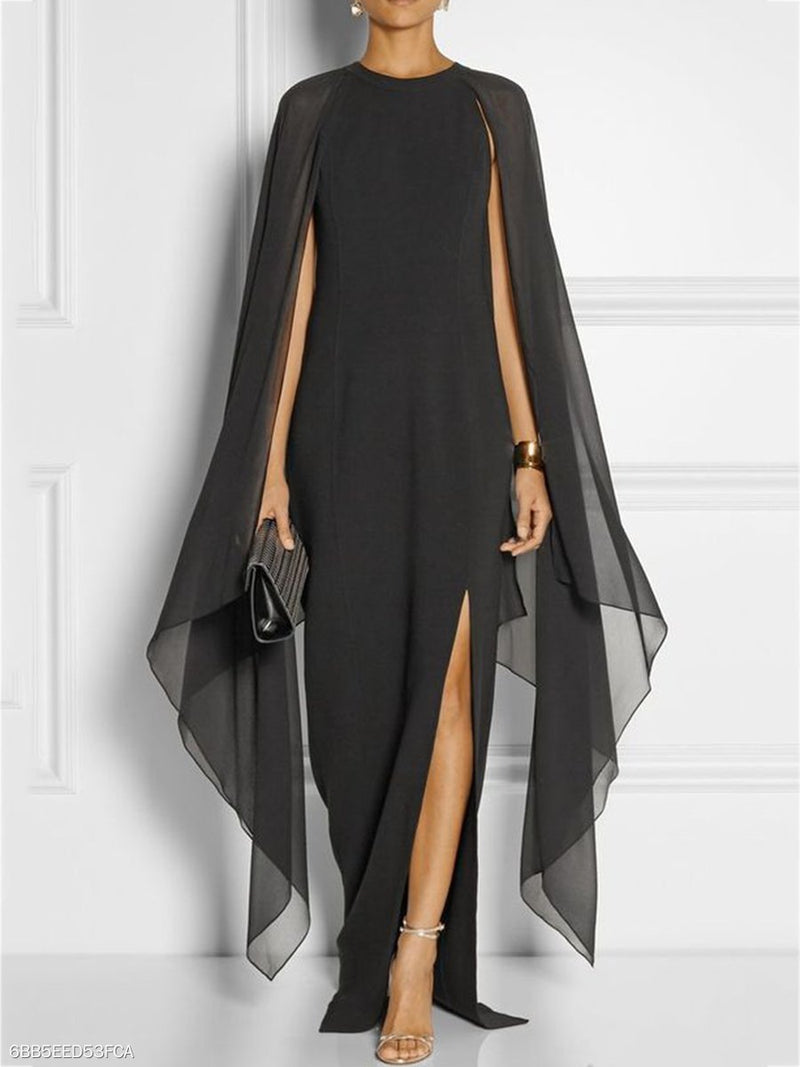 Cape Sleeve High Slit Plain Chiffon Maxi Dress