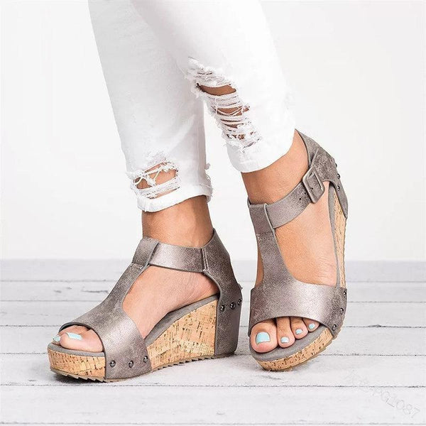 Peep Toe Buckle Strap Wedge Heel Sandals