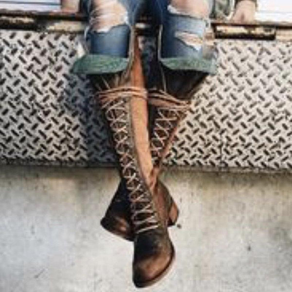 Women Winter Vintage Boots Lace-up Knee-high Shoes